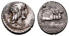 Ancient Coins - L. Julius Bursio AR Denarius. VF+/EF. Rome mint, 85 BC. Quadriga.
