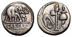 Ancient Coins - JULIUS CAESAR AR Denarius. EF-. 49-48 BC. Elephant - Priest Tools.