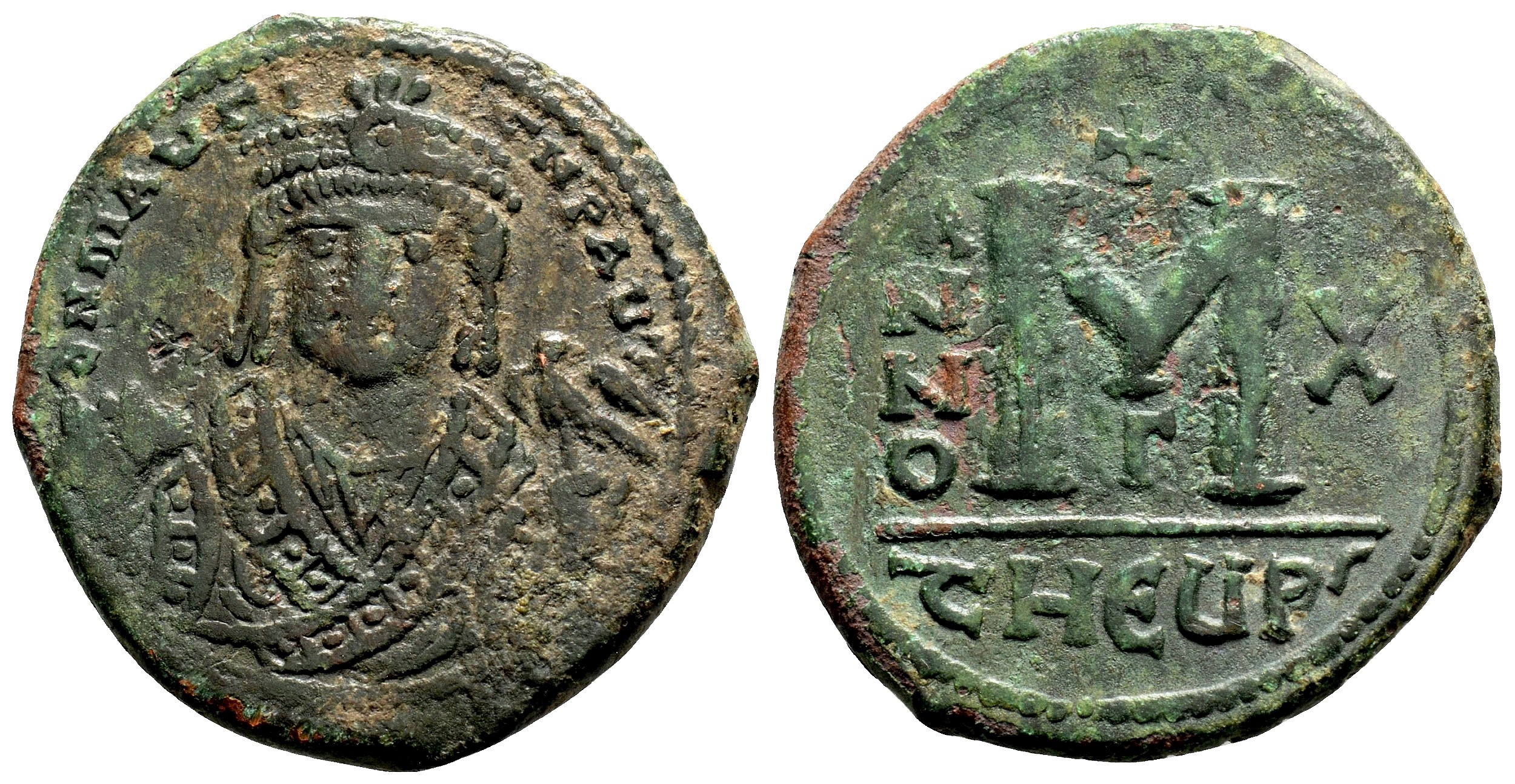 MAURICE TIBERIUS AE Follis. VF+/EF-. Antioch mint. Year 10