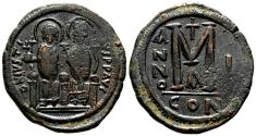 Ancient Coins - JUSTIN II AE Follis. EF-. Empress Sophia in obverse. Year 1. Constantinople mint.