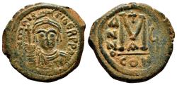 Ancient Coins - MAURICE TIBERIUS AE Follis. VF+/EF-. Constantinople mint, year 5.