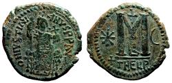 Ancient Coins - JUSTINIAN I AE Follis. EF-/EF. Antioch mint (as Theopolis). Emperor in Throne.