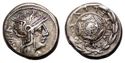 Ancient Coins - M. Caecilius Q.f. Q.n. Metellus AR Denarius. VF+/EF-. 127 BC. Macedonian shield.