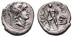 Ancient Coins - C. Malleolus, A. Albinus Sp.f., and L. Caecilius Metellus AR Denarius. EF-/EF. 96 BC.
