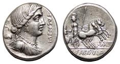 Ancient Coins - L. Farsuleius Mensor AR Denarius. EF-. Rome mint, 76 BC. Biga.