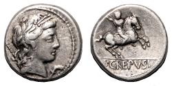 Ancient Coins - P. Crepusius AR Denarius. EF-. Rome mint, 82 BC. Horseman.