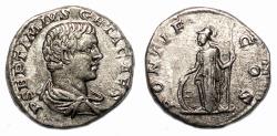 Ancient Coins - GETA AR Denarius. EF-/VF+. Minerva - PONTIF COS.