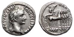 Ancient Coins - TIBERIUS AR Denarius. VF+/EF. Quadriga. RARE!
