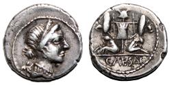Ancient Coins - JULIUS CAESAR AR Denarius. VF+. Circa 46-45 BC. The conquest of Gaul.