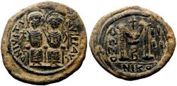 Ancient Coins - JUSTIN II AE Follis. EF-. Empress Sophia in obverse. Nicomedia mint.