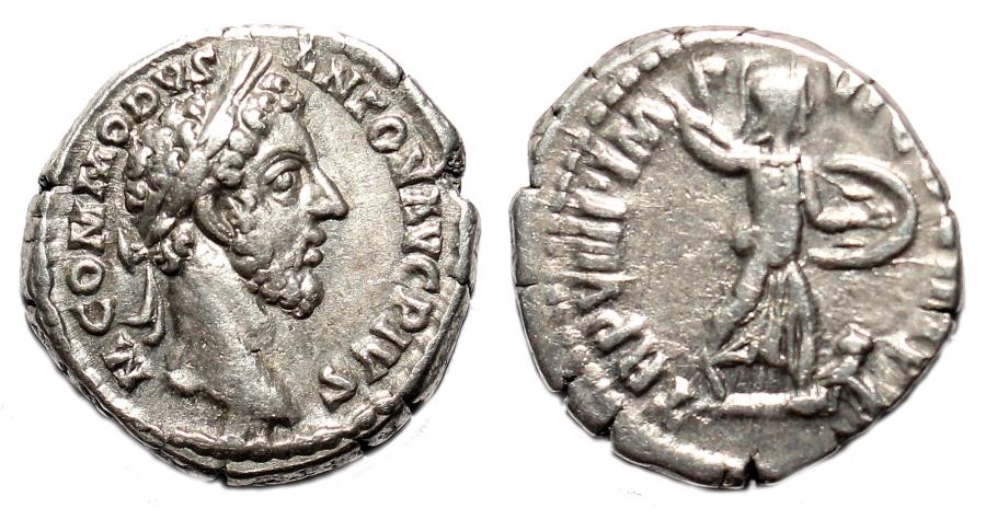 COMMODUS AR Denarius VF Minerva TR P VIIII Roman Imperial Coins