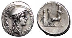 Ancient Coins - Cn. Plancius AR Denarius. EF-. 55 BC. The personification of Macedonia.