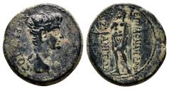 Ancient Coins - AEZANIS (Phrygia) AE21. Tiberius. VF+. Magistrate Menander. Zeus.