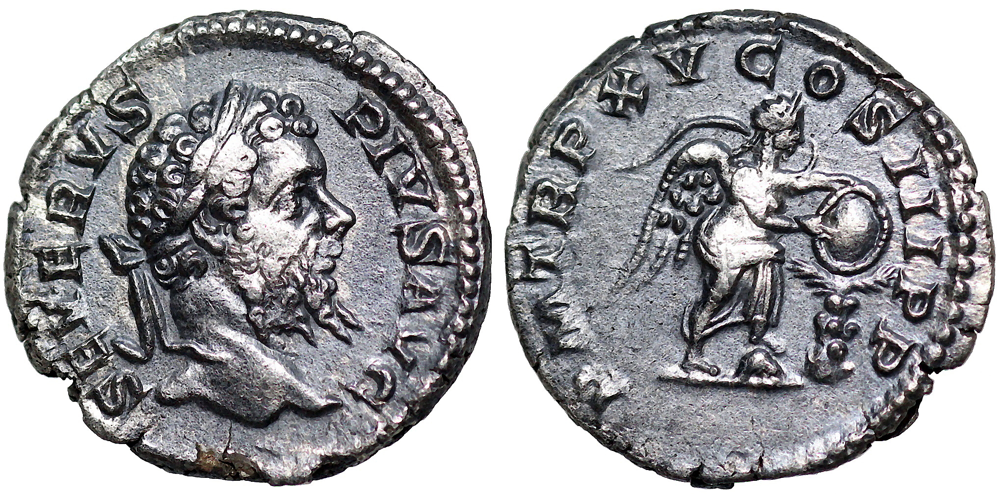 Septimius Severus P M TR P XV COS III P P, Victory inscribing