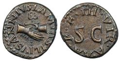Ancient Coins - Æ Quadrans with clasped hands and caduceus issued by the moneyers Lamia, Silius and Annius under Augustus (9 BC)