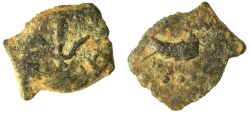 Ancient Coins - A bronze coin (apparently half of prutah) of Herod the Great, mint of Jerusalem