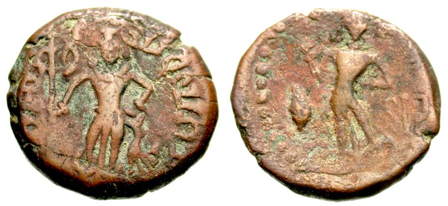 Ancient Coins - INDIA, YAUDHEYA: Copper coin with Karttikeya and Devasena. Rare with CONCH.