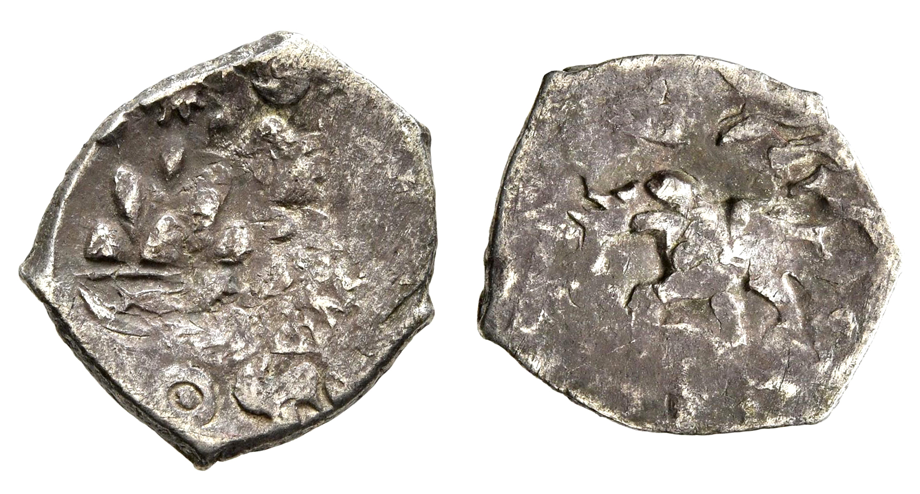 INDIA, SAURASHTRA JANAPADA: Punchmarked coin with fire altar. Rare.