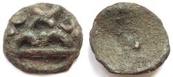 Ancient Coins - INDIA, POST-MAURYAN: Andhra copper coin with hill and taurines. Rare.