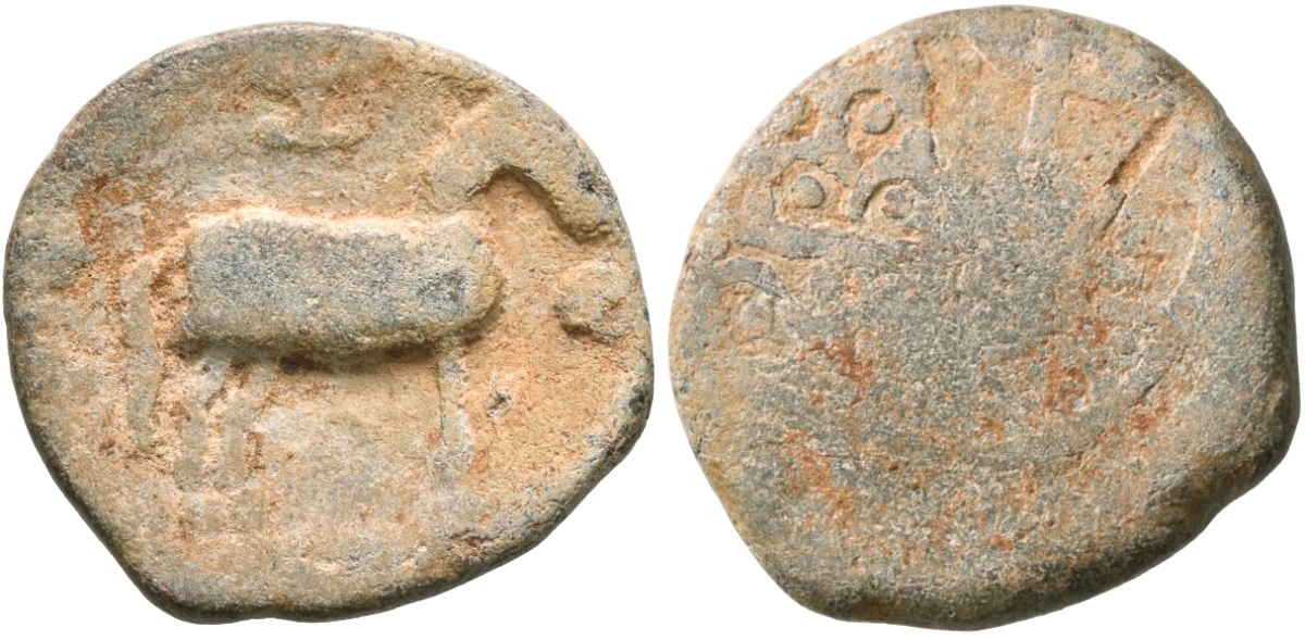 INDIA, HIRANYAKA Lead coin with srivatsa above horse. Rare. Ancient