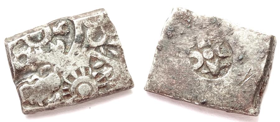 INDIA, MAURYA: Punchmarked silver karshapana with bull and 'Taxila' symbol