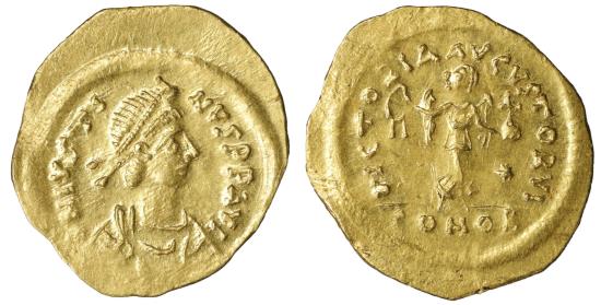 JUSTIN II (565-578) GOLD Tremissis Constantinople XF+