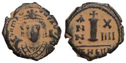 Ancient Coins - MAURICE TIBERIUS. 582-602 AD. Æ Decanummium. Antioch mint. Year 14 (595/6 AD).