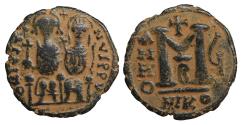 Ancient Coins - Justin II with Sophia Æ Follis Nicomedia AD 565-578 VF+ \ Byzantine Coins
