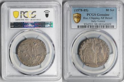 World Coins - ITALY. Venice. 80 Soldi, ND (1578-85). Venice Mint. Nicolo da Ponte EF PCGS Rare