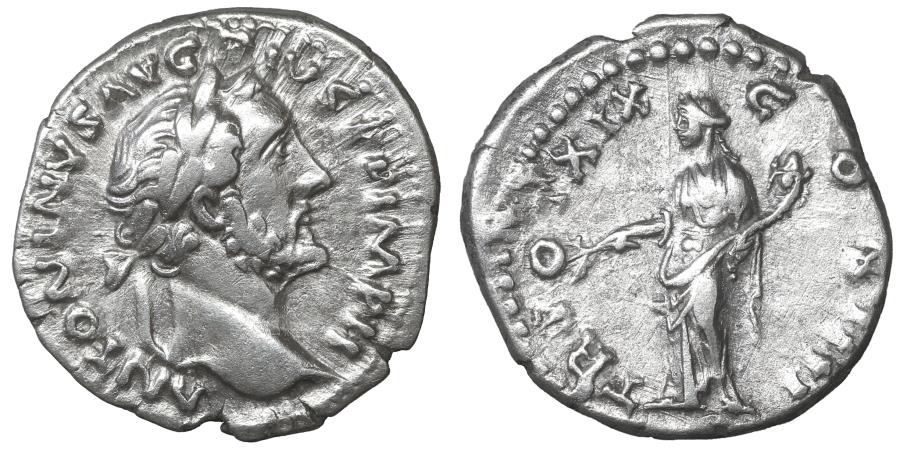 Ancient Coins - Antoninus Pius AR Denarius Rome 145-161 XF Felicitas