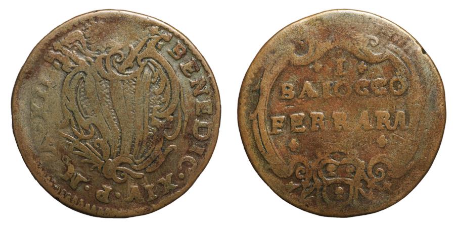 World Coins - Papal States Benedict XIV 1740-1758 FERRARA Baiocco RARE VF+