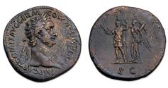 Ancient Coins - Domitian Æ Sestertius, emperor in in military attire, crowned by Victory. AD 92-94. RIC 752