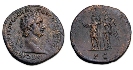 Ancient Coins - Domitian Æ Sestertius, emperor in in military attire, crowned by Victory. AD 92-94. RIC 752