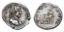 Ancient Coins -  Hadrian AR Denarius - Salus holding patera over altar