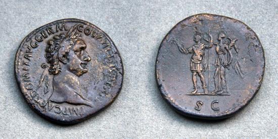 Ancient Coins - Domitian Æ Sestertius, emperor in in military attire, crowned by Victory. AD 92-94. RIC 752