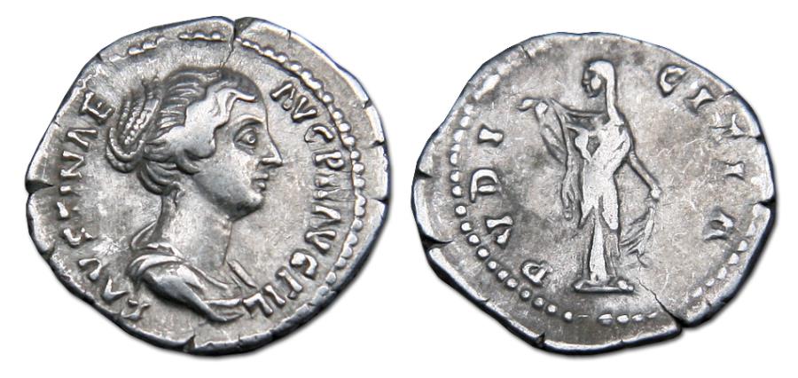 Ancient Coins - Faustina II AR Denarius - Pudicitia Standing, Tugging at Toga