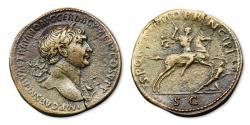 Ancient Coins - Trajan Sestertius - Trajan on horseback, thrusting spear at Dacian soldier. RIC 534