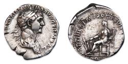 Ancient Coins - Trajan AR Denarius - Fortuna seated left, holding rudder and cornucopiae. RIC 315.