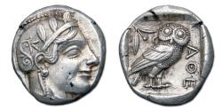 Ancient Coins - Attica, Athens AR Tetradrachm - Helmeted Athena/Owl standing with olive sprig and crescent behind