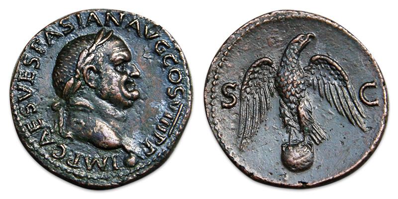 Ancient Coins - Vespasian Æ As - Eagle standing facing on globe;  RIC 1237