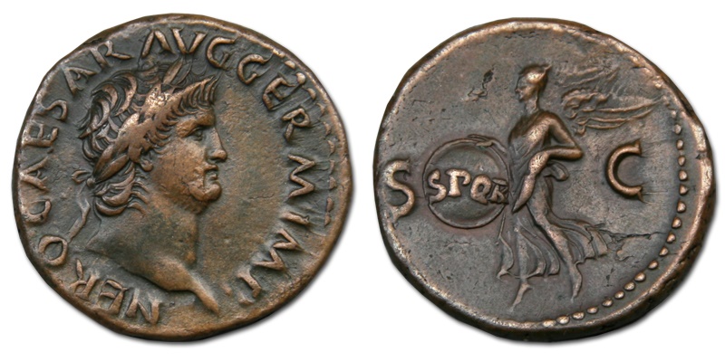 Nero AE As - Flying Victory, holding SPQR shield | Roman Imperial Coins