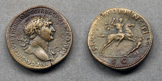 Ancient Coins - Trajan Sestertius - Trajan on horseback, thrusting spear at Dacian soldier. RIC 534