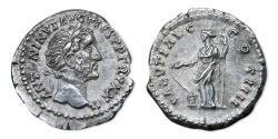 Ancient Coins - Antoninus Pius AR Denarius - Salus standing, holding scepter and feeding a serpent 