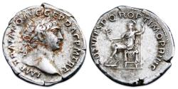 Ancient Coins - Trajan AR Denarius - Roma seated left, holding Victory