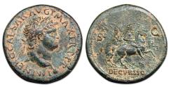 Ancient Coins - Nero AE Sestertius - DECVRSIO, emperor and soldier on horseback. RIC 579