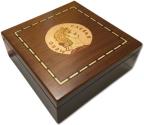 Ancient Coins - Small walnut veneered coin case decorated with portrait of emperor NERO - holds 30-150 coins (depending on tray choice)-