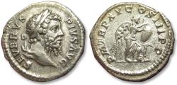 Ancient Coins - AR silver denarius Septimius Severus, Rome mint circa 207 A.D. - P M TR P XV COS III P P Victory inscribing shield -
