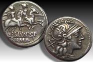 Ancient Coins - AR denarius C. Iunius C.f., Rome 149 B.C. - beautiful dark toning -