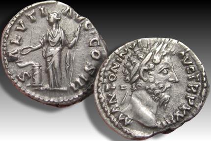 Ancient Coins - AR silver denarius Marcus Aurelius, Rome mint circa 169 A.D. - SALVTI AVG COS III, Salus -