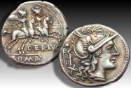 Ancient Coins - AR denarius C. Terentius Lucanus, Rome 147 B.C. - superb example, with attractive toning -